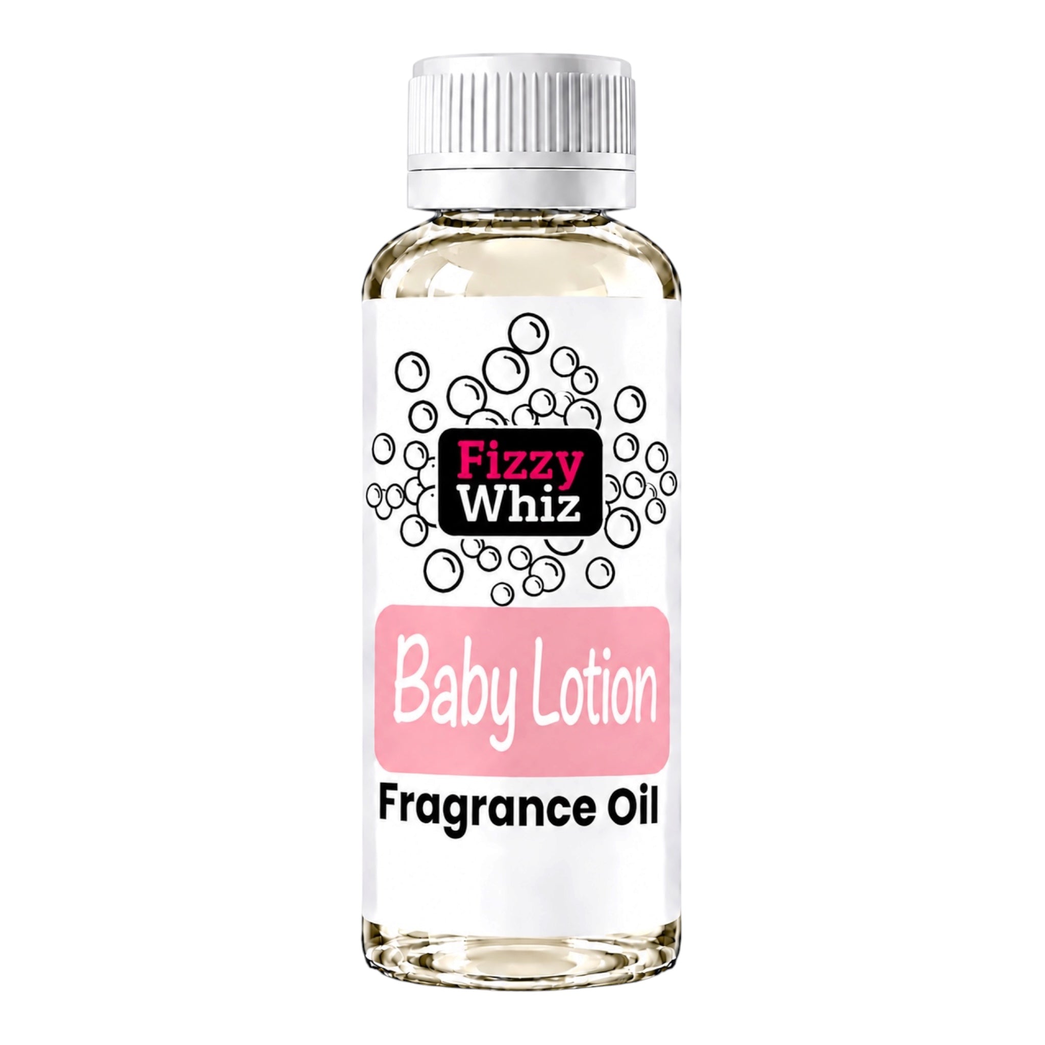 A bottle of Fizzy Whiz Baby Lotion Fragrance Oil on a solid white background. The bottle is made of clear glass showing a pale yellow liquid inside, topped with a white ribbed cap.