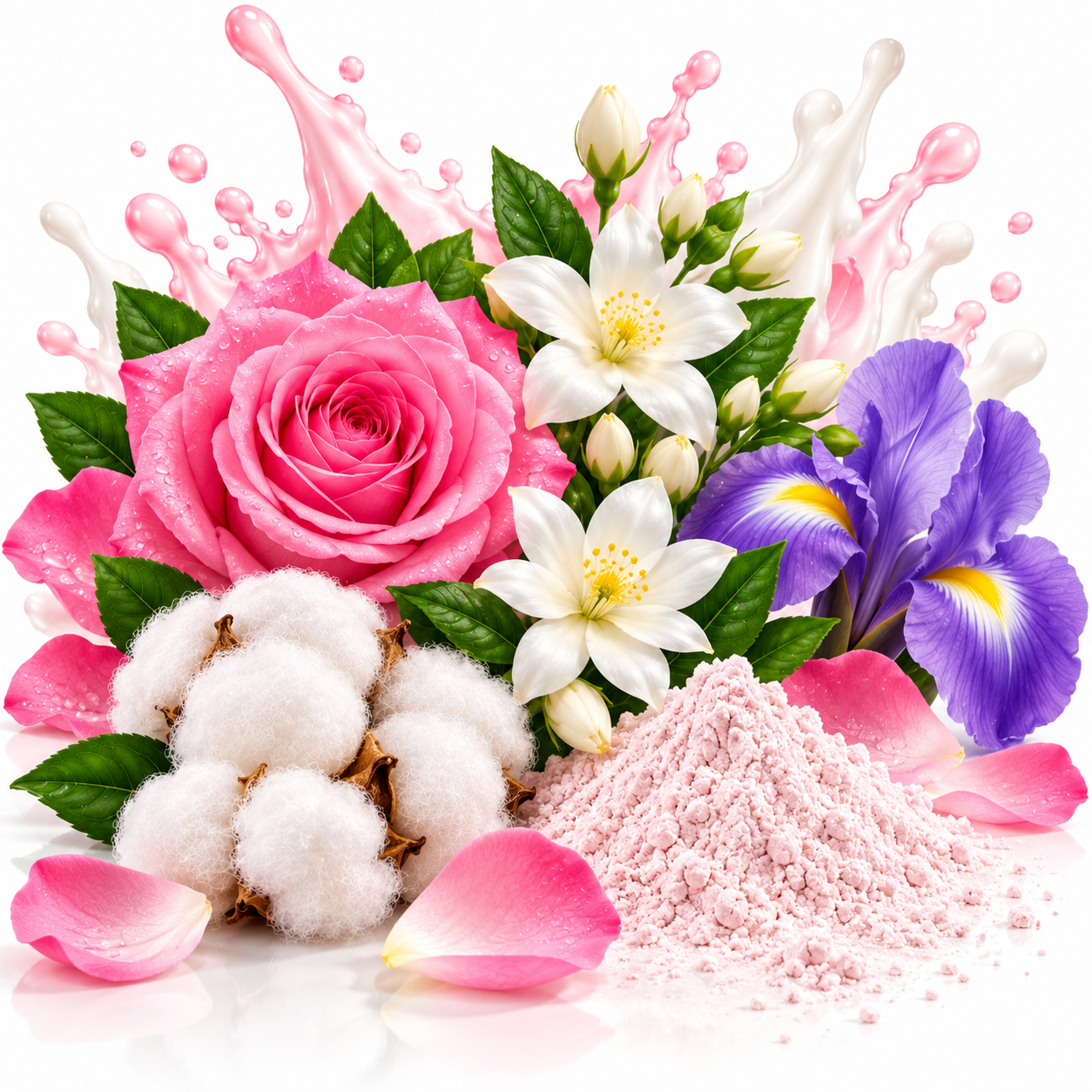 A stylized botanical composition featuring a pink rose, white blossoms, purple iris flowers, cotton bolls, pink petals, and a mound of light pink powder on a white background with pink splash effects.