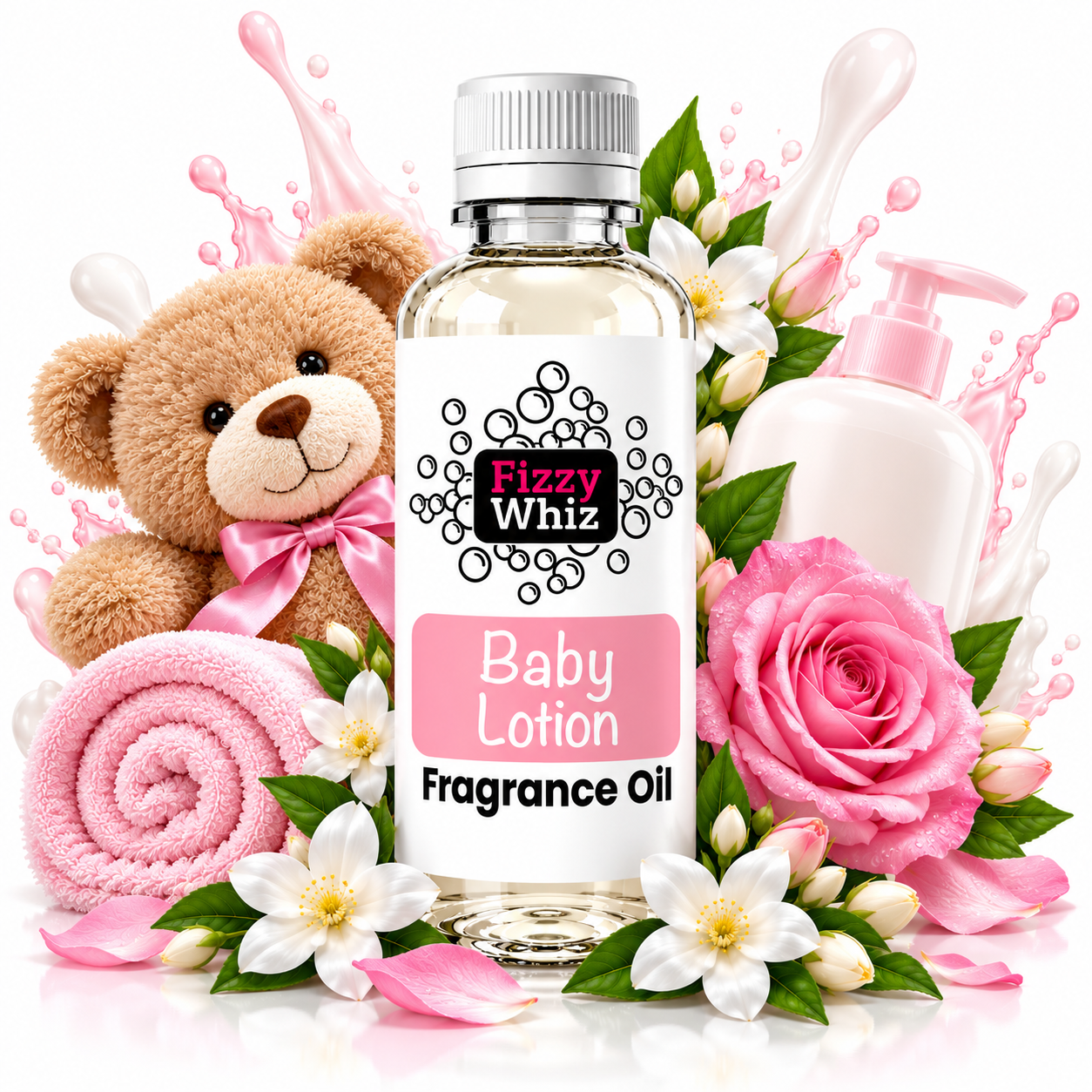 A bottle of Fizzy Whiz Baby Lotion Fragrance Oil centered on a white background, surrounded by pink and white decorative props including a teddy bear, rolled pink towel, pump bottle, roses, flowers, leaves, and pink splash graphics.