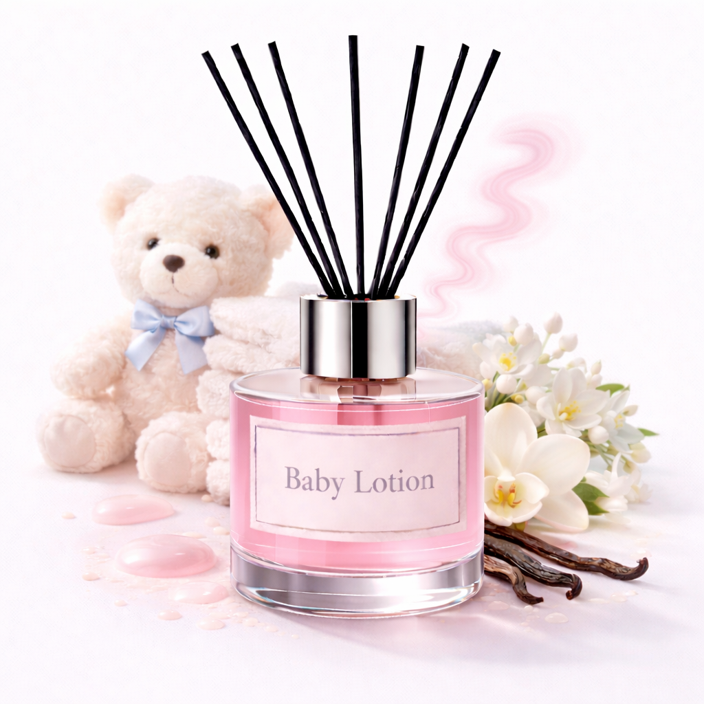 Reed diffuser labeled 'Baby Lotion' with a teddy bear and flowers on a light background