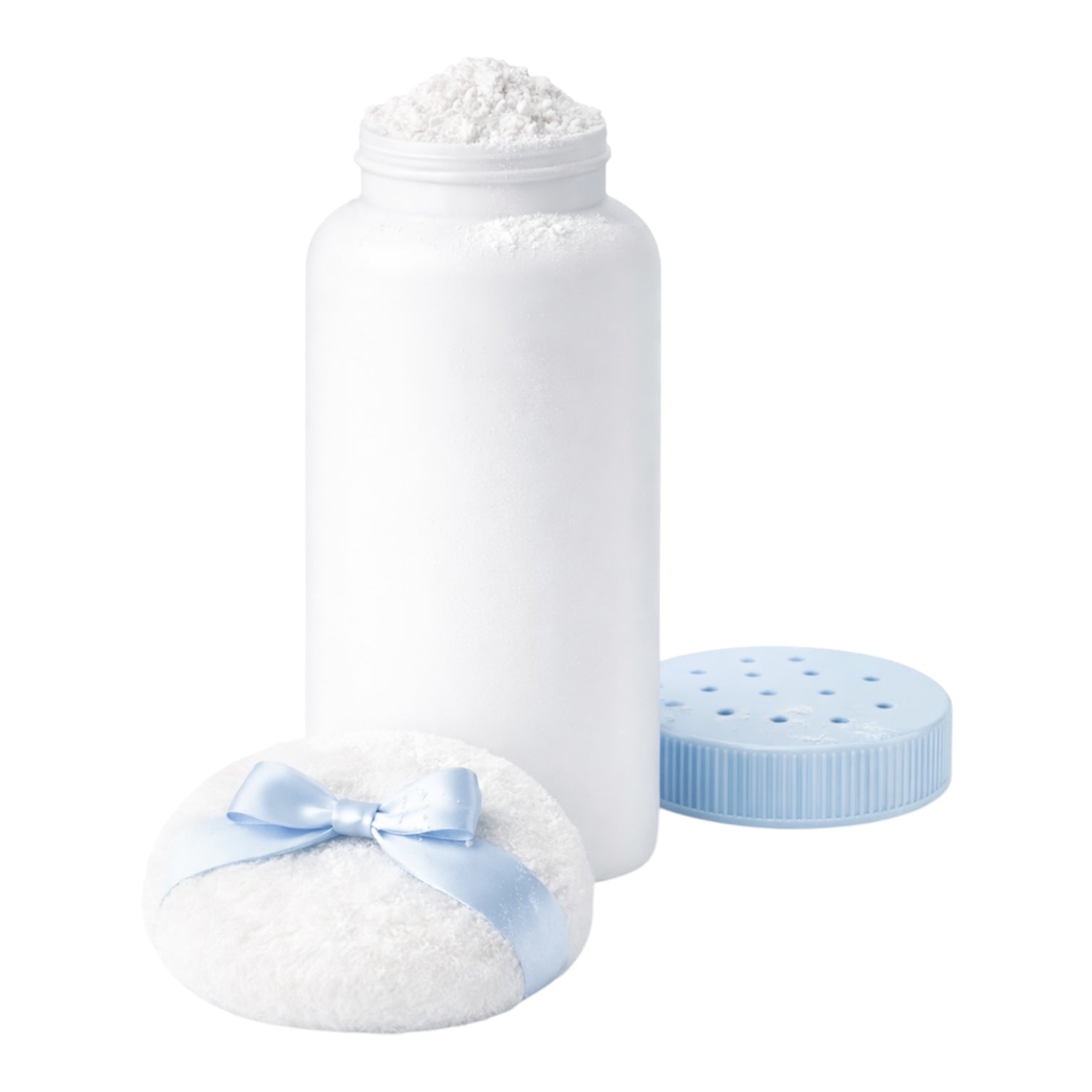 White container with baby powder and a blue lid on a white background