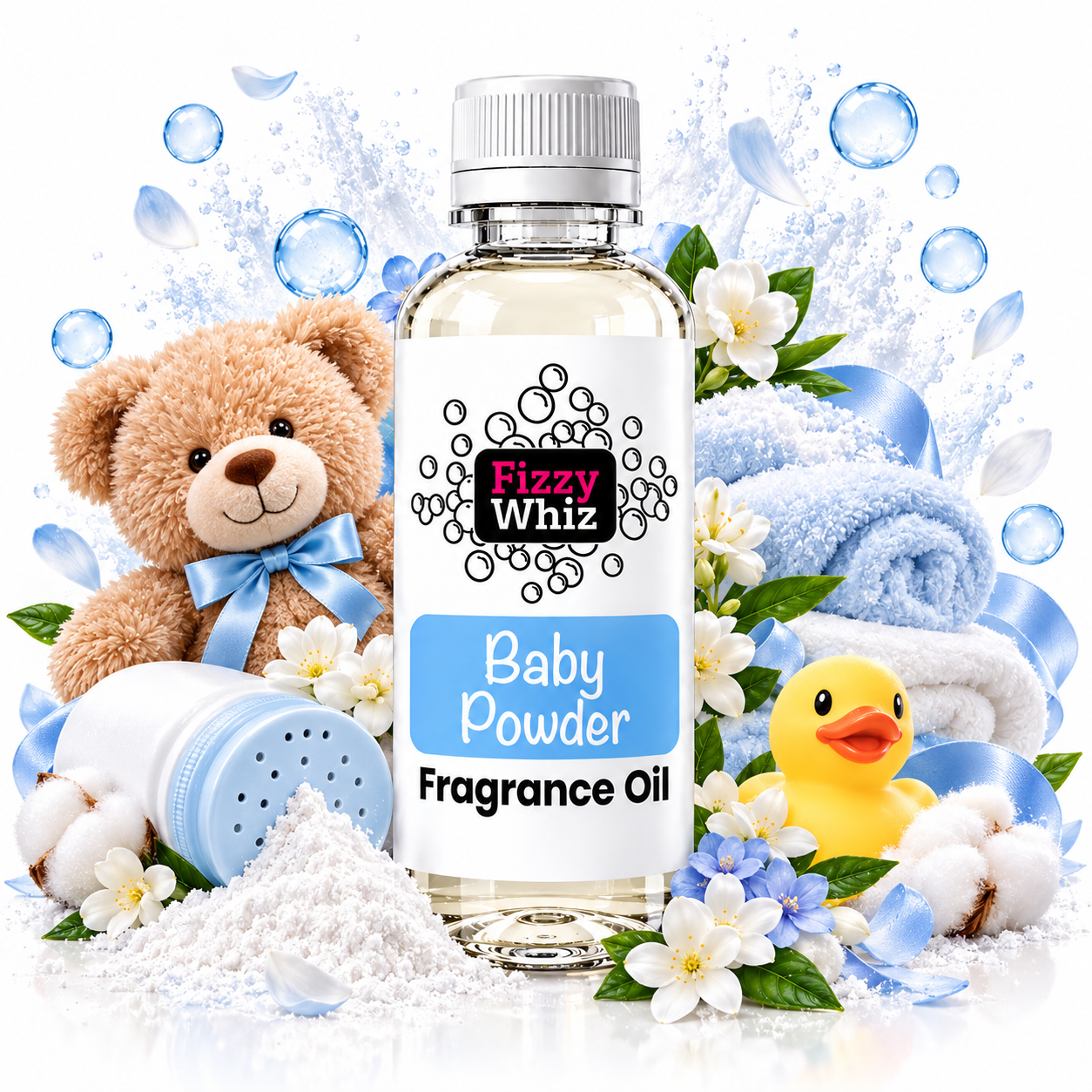 A bottle of Fizzy Whiz Baby Powder Fragrance Oil surrounded by baby-themed props including a teddy bear, cotton bolls, a rubber duck, folded blue towels, flowers, and a shaker jar on a white background.