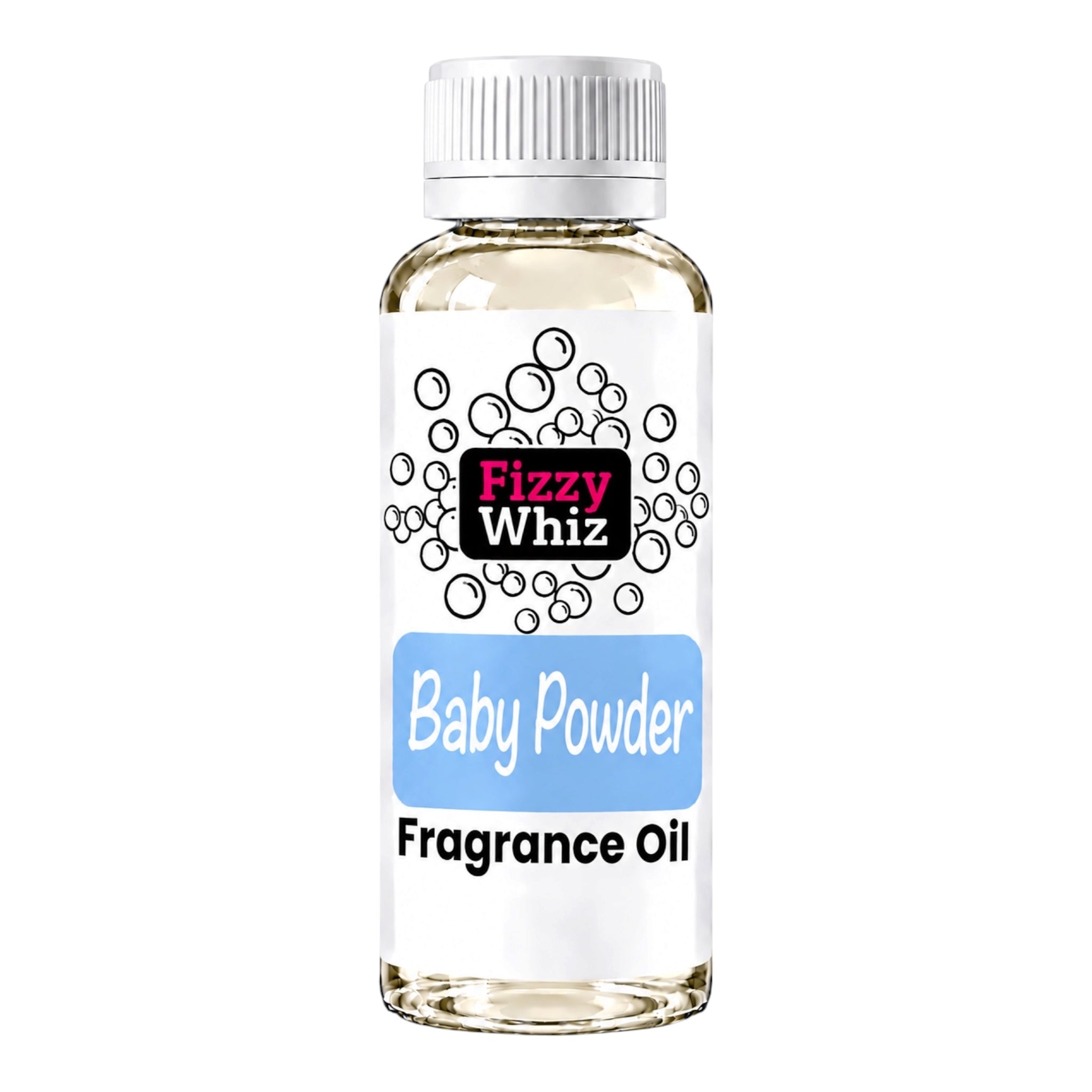 A bottle of Fizzy Whiz Baby Powder Fragrance Oil on a solid white background. The bottle is made of clear glass showing a light yellow liquid inside, topped with a white ribbed cap and featuring a white label with black and blue text.