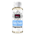 A bottle of Fizzy Whiz Baby Powder Fragrance Oil on a solid white background. The bottle is made of clear glass showing a light yellow liquid inside, topped with a white ribbed cap and featuring a white label with black and blue text.