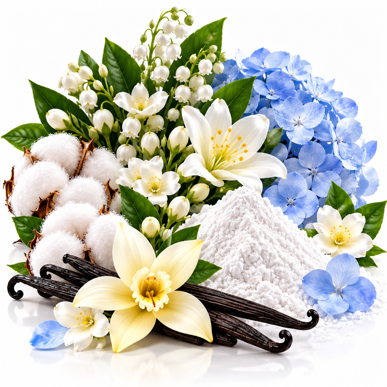 A styled botanical product arrangement on a white background featuring white and blue flowers, cotton bolls, vanilla beans, and a mound of white powder, likely representing natural fragrance or cosmetic ingredients.