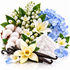 A styled botanical product arrangement on a white background featuring white and blue flowers, cotton bolls, vanilla beans, and a mound of white powder, likely representing natural fragrance or cosmetic ingredients.