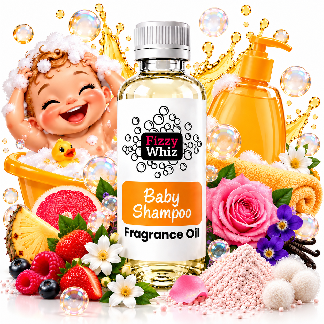 A bottle of Fizzy Whiz Baby Shampoo Fragrance Oil centered in a bright commercial composition, surrounded by bath-themed props including a smiling baby in a bubble bath, soap dispenser, bubbles, flowers, fruit, and powder on a white background.