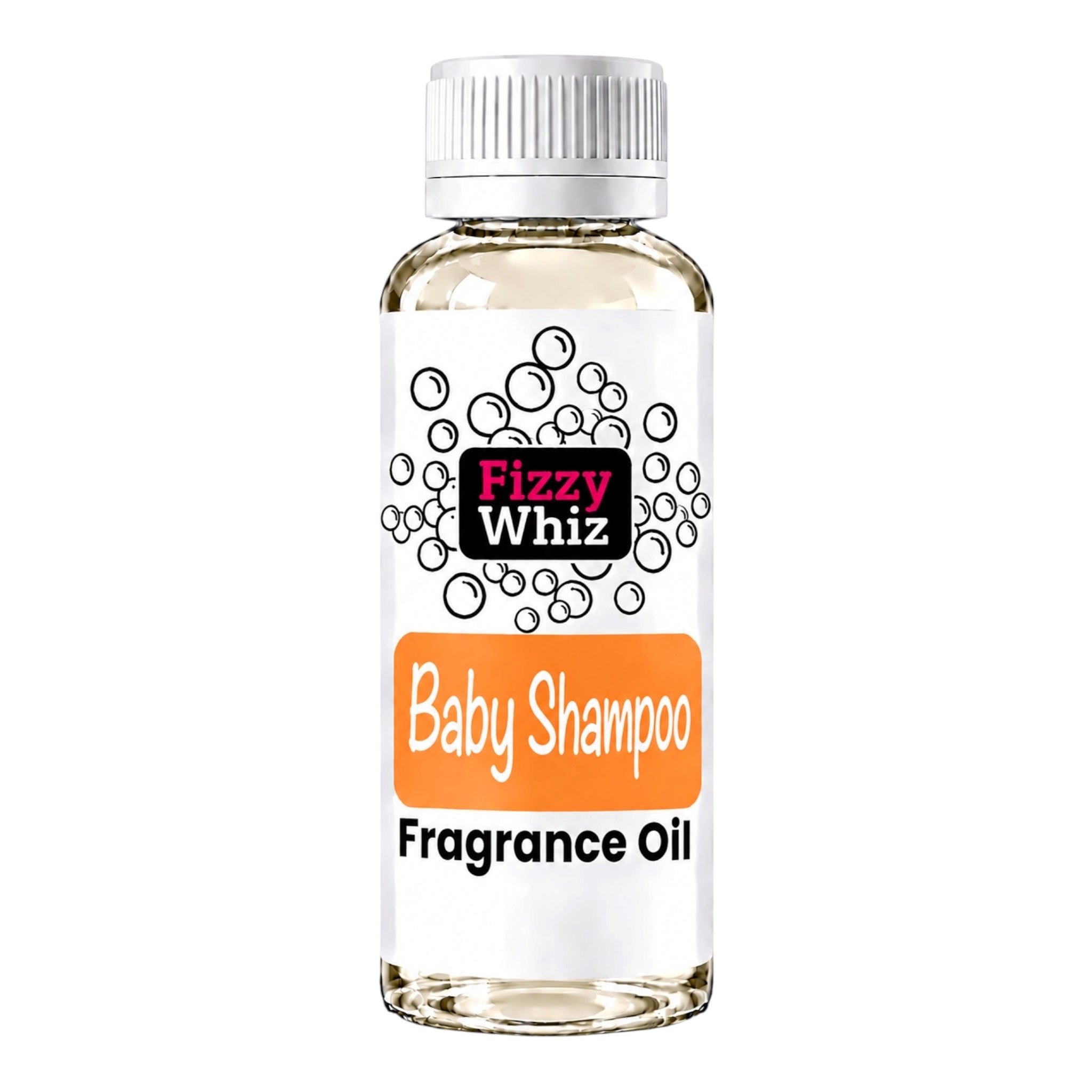 A bottle of Fizzy Whiz Baby Shampoo Fragrance Oil with a white cap and a white label featuring an orange banner, shown on a plain white background.