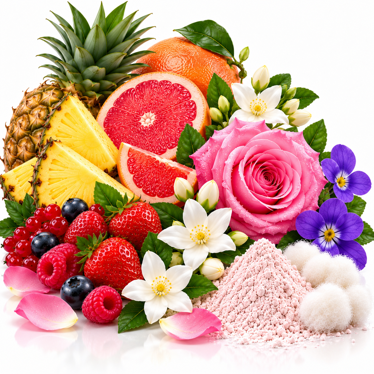 A colorful arrangement of fresh fruits and flowers with a pink powder pile on a white background. Visible items include pineapple, grapefruit, strawberries, raspberries, blueberries, white flowers, purple flowers, and a large pink rose.