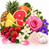 A colorful arrangement of fresh fruits and flowers with a pink powder pile on a white background. Visible items include pineapple, grapefruit, strawberries, raspberries, blueberries, white flowers, purple flowers, and a large pink rose.