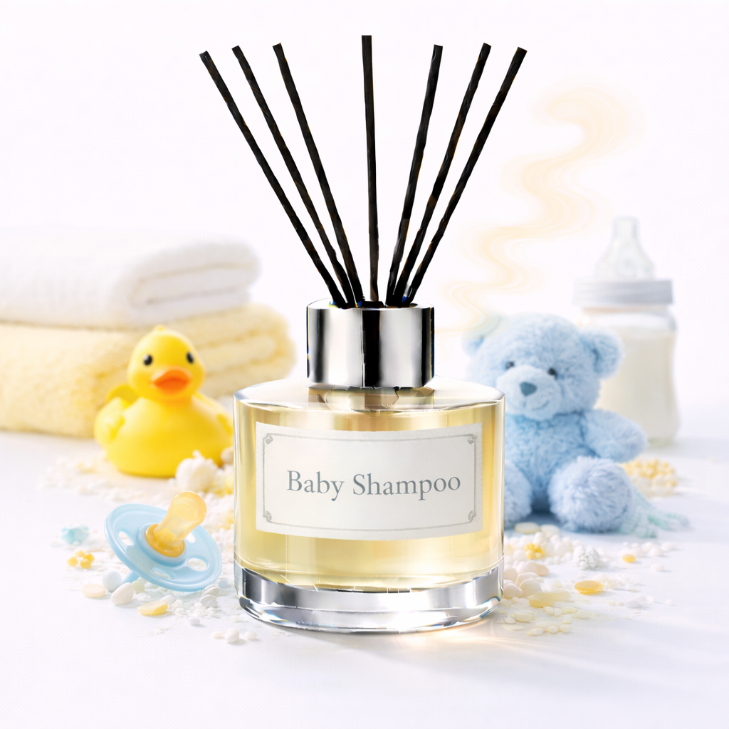 Baby shampoo bottle with black reeds, rubber duck, pacifier, and teddy bear on a white background