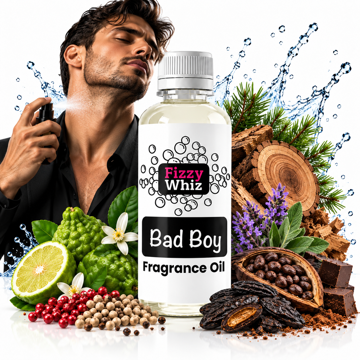 A bottle of Fizzy Whiz Bad Boy Fragrance Oil centered in front of a man spraying fragrance oil on his neck. The bottle is white with a black and pink label.