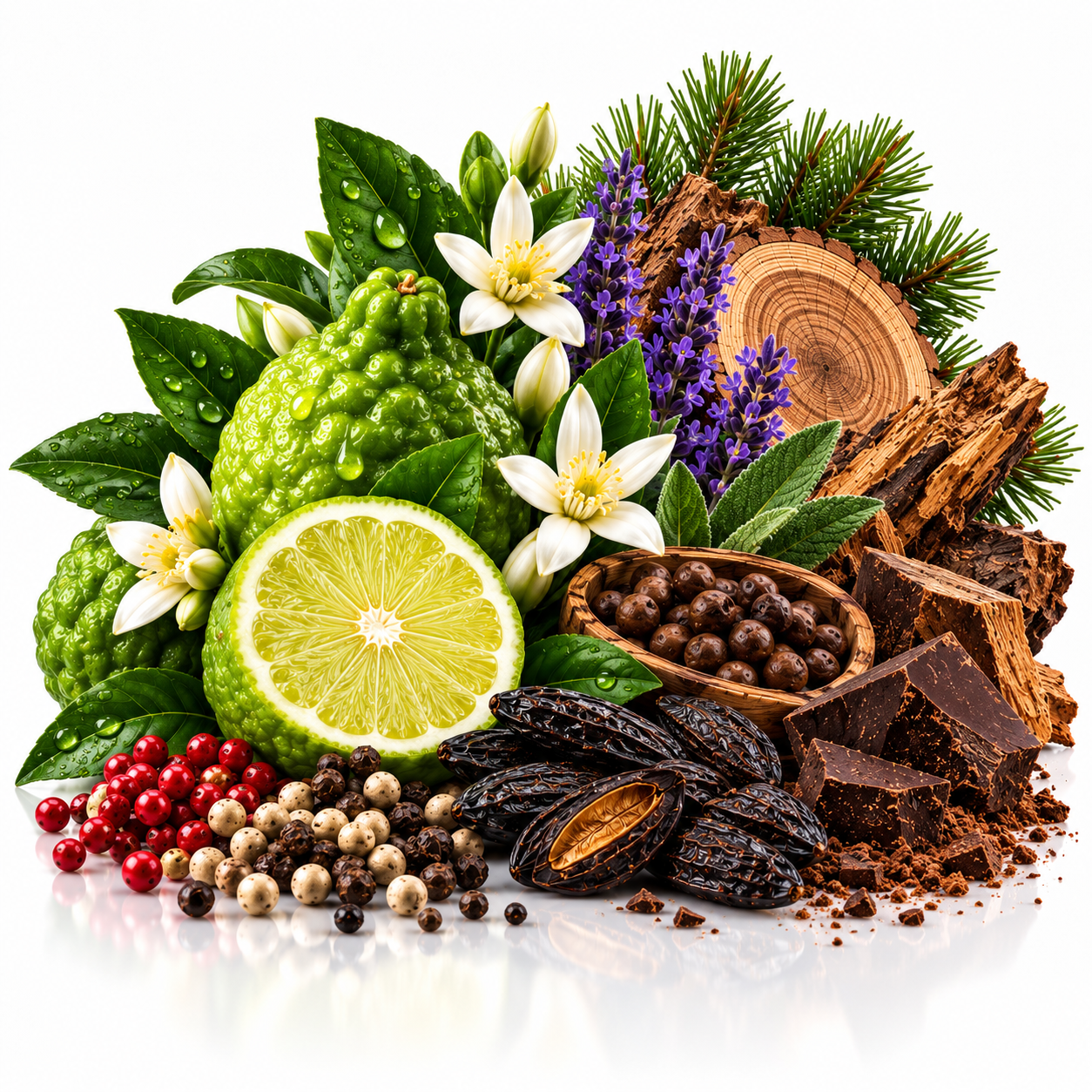 A styled botanical arrangement of natural ingredients on a white reflective surface, including a green bumpy citrus fruit, a sliced lime, white flowers, purple lavender-like sprigs, green pine needles, brown bark, dark chocolate chunks, cocoa powder, whole and cracked peppercorns, and red berries.