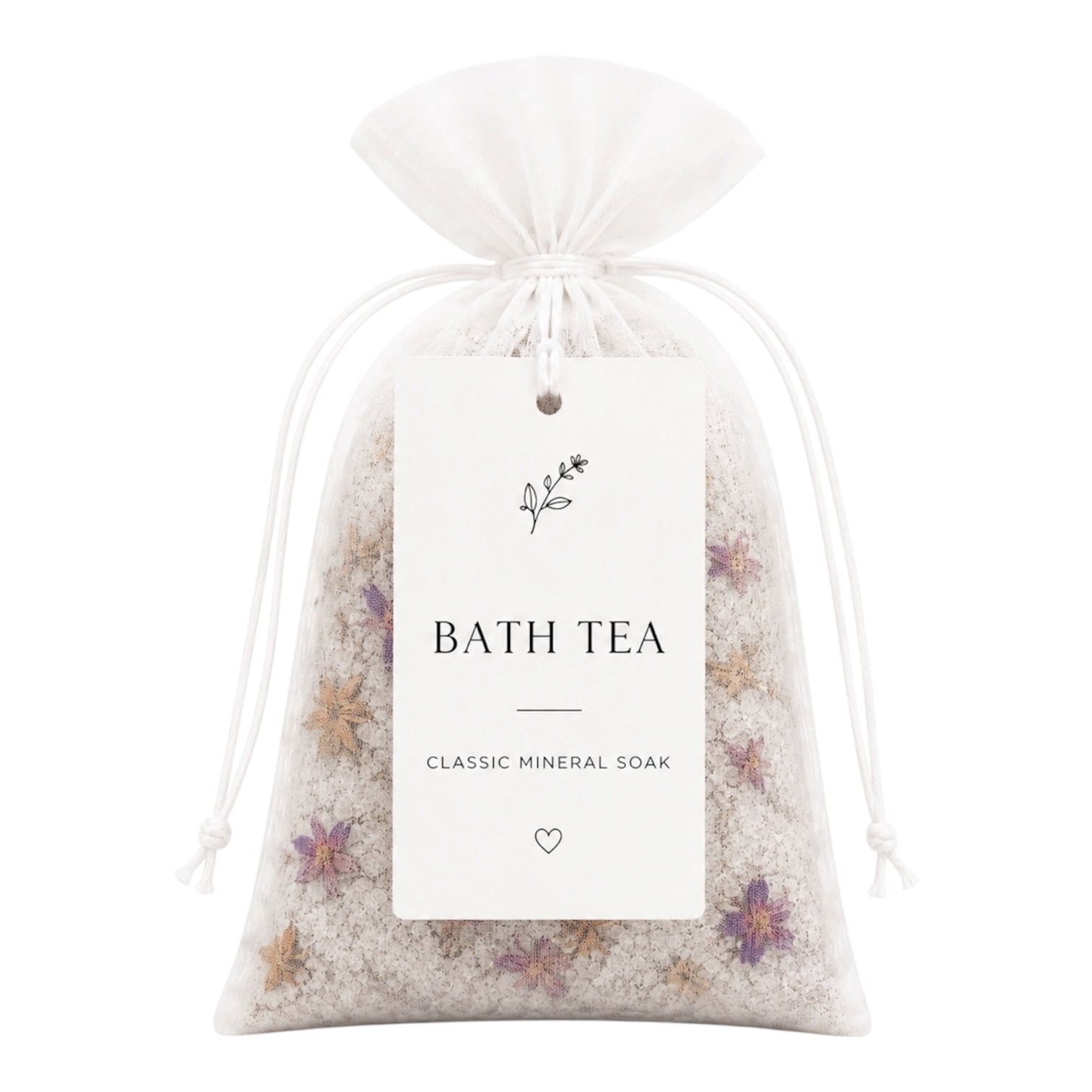 Bath tea package with a drawstring bag and a label on a white background