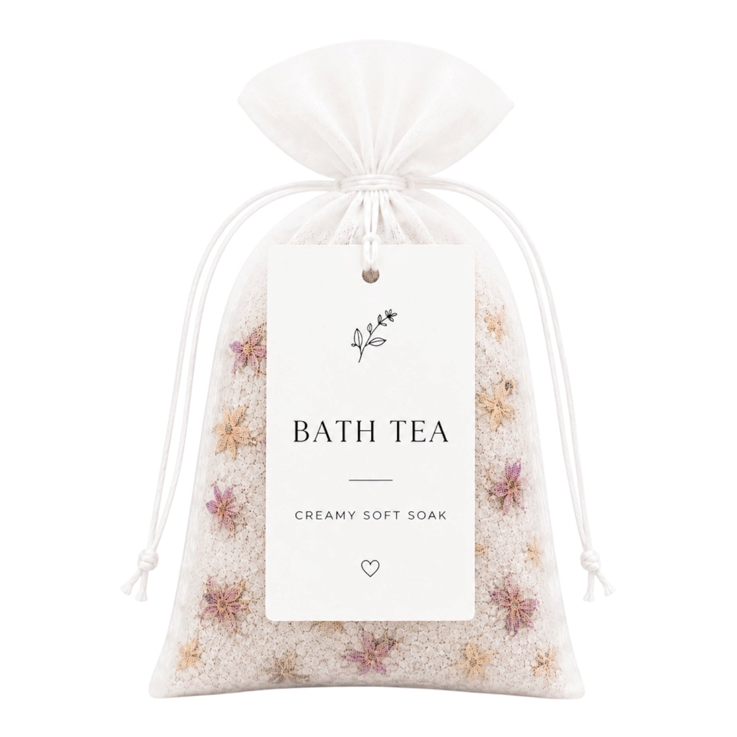 Bath tea package with drawstring and decorative elements on a white background