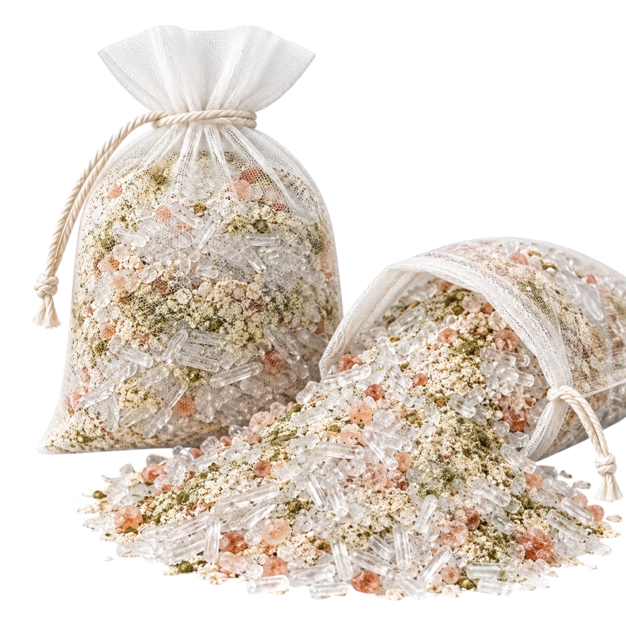 Two white mesh drawstring bags filled with clear crystal prisms and mixed with pale pink, beige, and green herbal-like flecks, shown on a clean white background with one bag standing upright and the other tipped over to spill the contents.