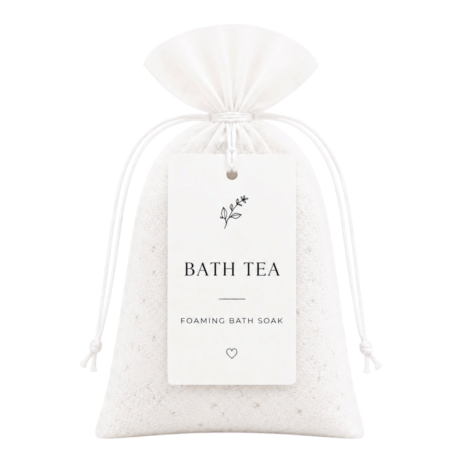 White drawstring bag labeled 'Bath Tea Foaming Bath Soak' on a white background