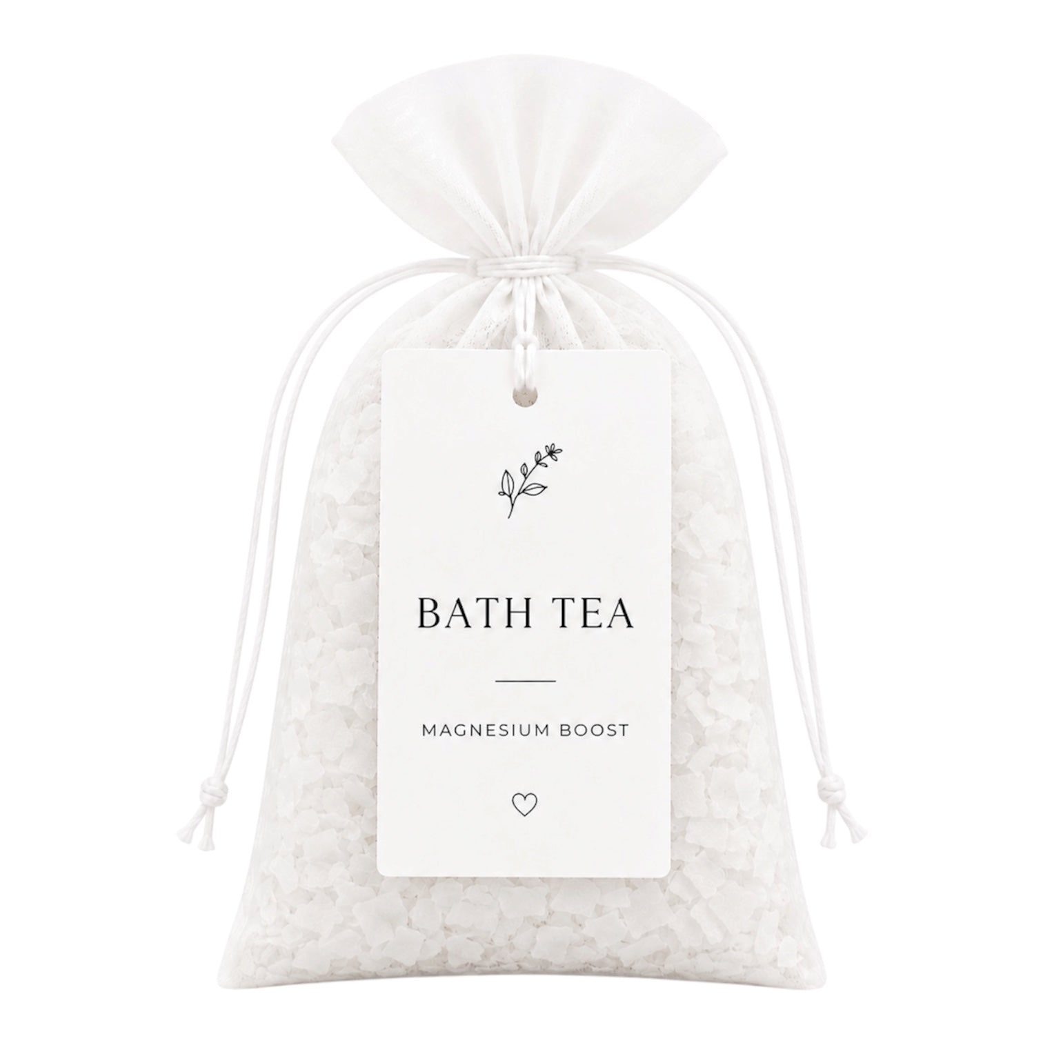 Bath tea packaging with a drawstring bag and label on a white background