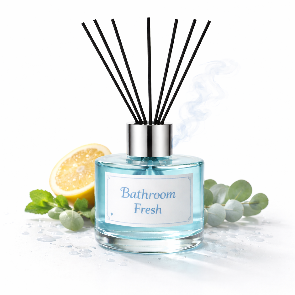 Diffuser bottle labeled 'Bathroom Fresh' with black sticks on a white background