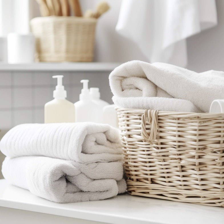A basket of white towels and folded cloths on a shelf with a few pump bottles of fragrance oil, with a white wall and a window in the background.