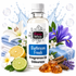 A bottle of Fizzy Whiz Bathroom Fresh fragrance oil surrounded by decorative bath and scent elements including folded towels, flowers, citrus halves, amber crystals, cinnamon sticks, and lavender on a white background with water splash graphics.