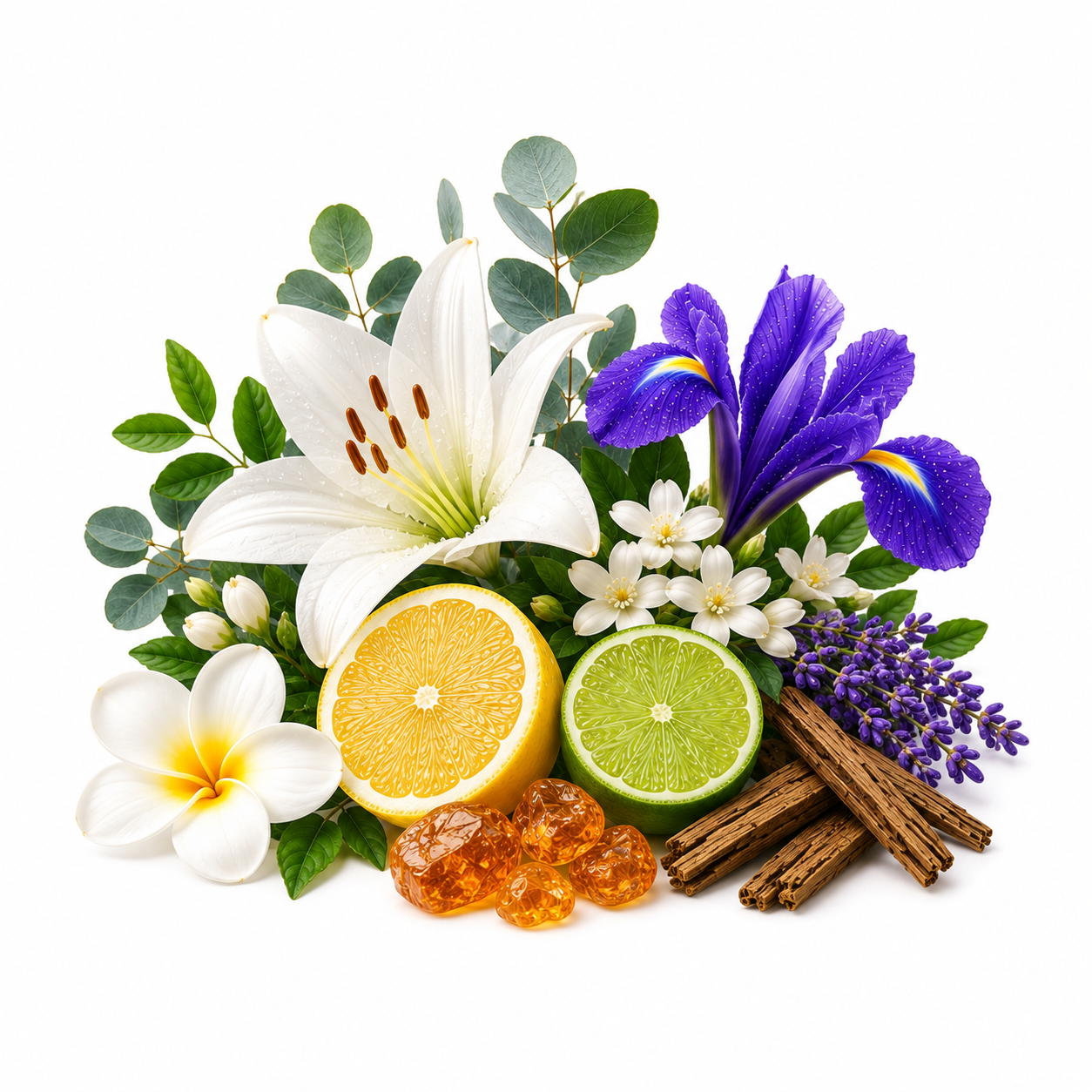 A styled botanical arrangement on a white background featuring a white lily, purple iris, white plumeria, green lime halves, amber resin beads, cinnamon sticks, and small purple lavender-like flowers.