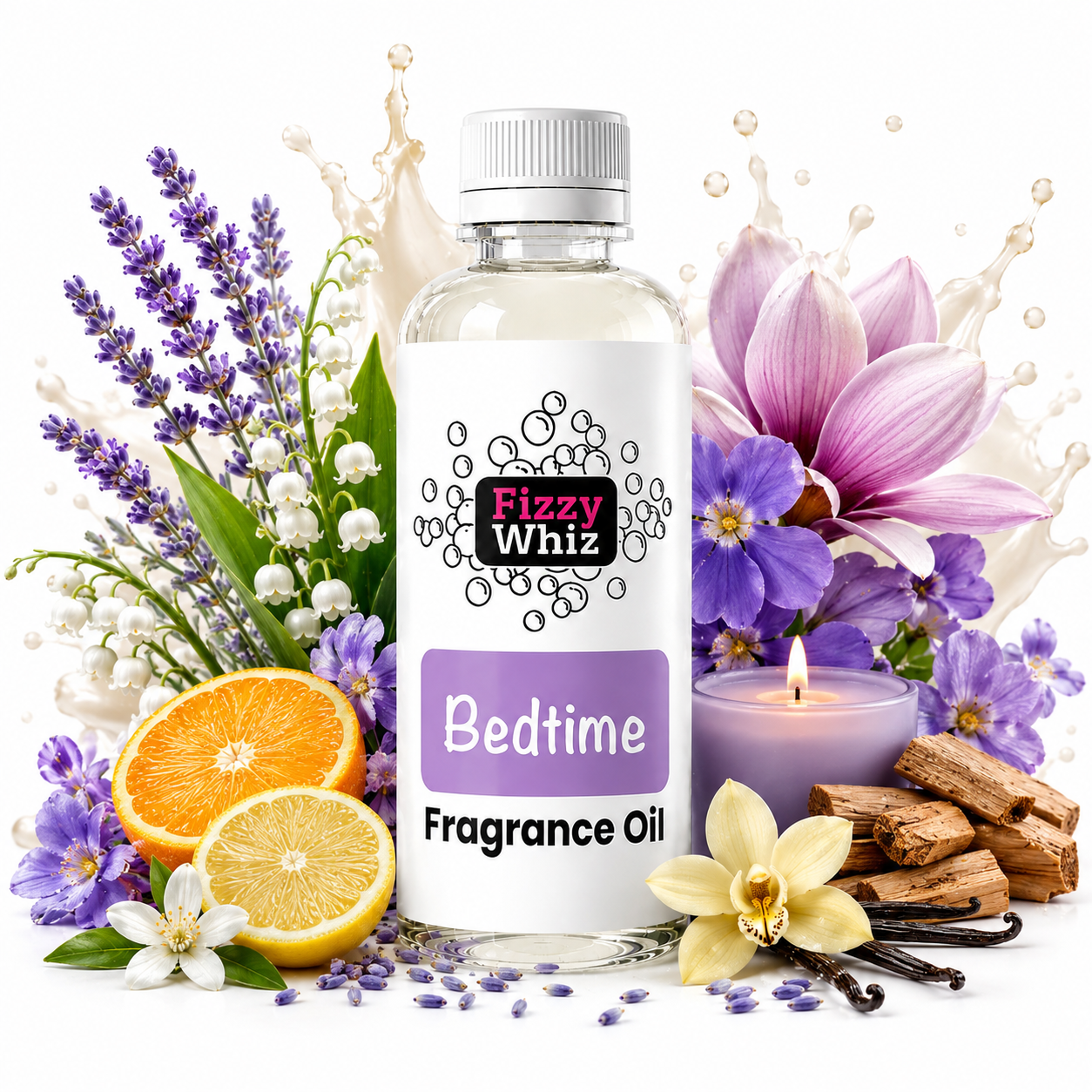 A bottle of Fizzy Whiz Bedtime Fragrance Oil centered on a white background, surrounded by lavender flowers, orange slices, vanilla beans, a lit candle, and wood chips to suggest scent notes.