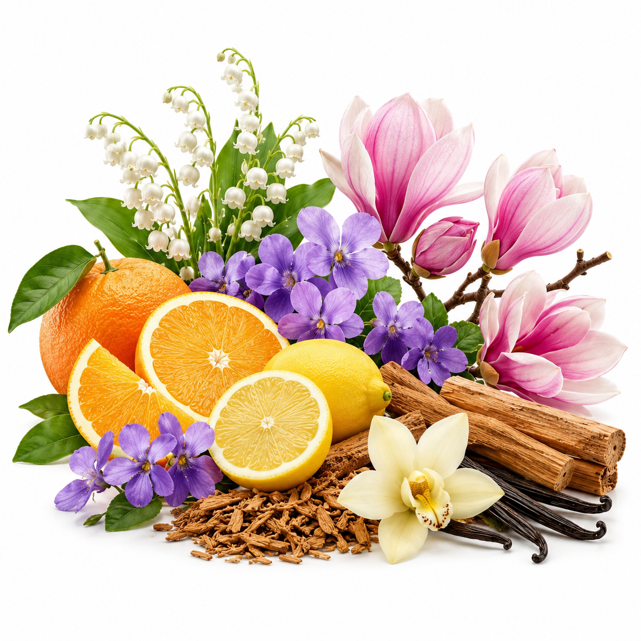 A styled botanical arrangement of citrus fruits, pink magnolia blossoms, purple flowers, vanilla beans, cinnamon sticks, and brown bark pieces on a clean white background.