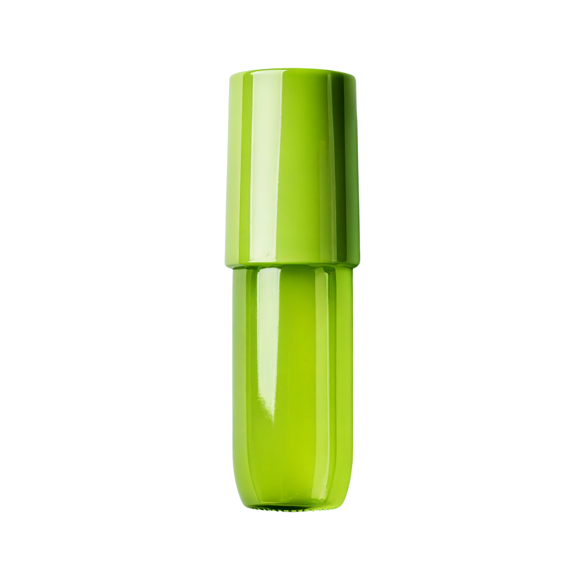Green cylindrical cosmetic bottle with matching cap, displayed upright on a light background.
