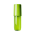 Green cylindrical cosmetic bottle with matching cap, displayed upright on a light background.