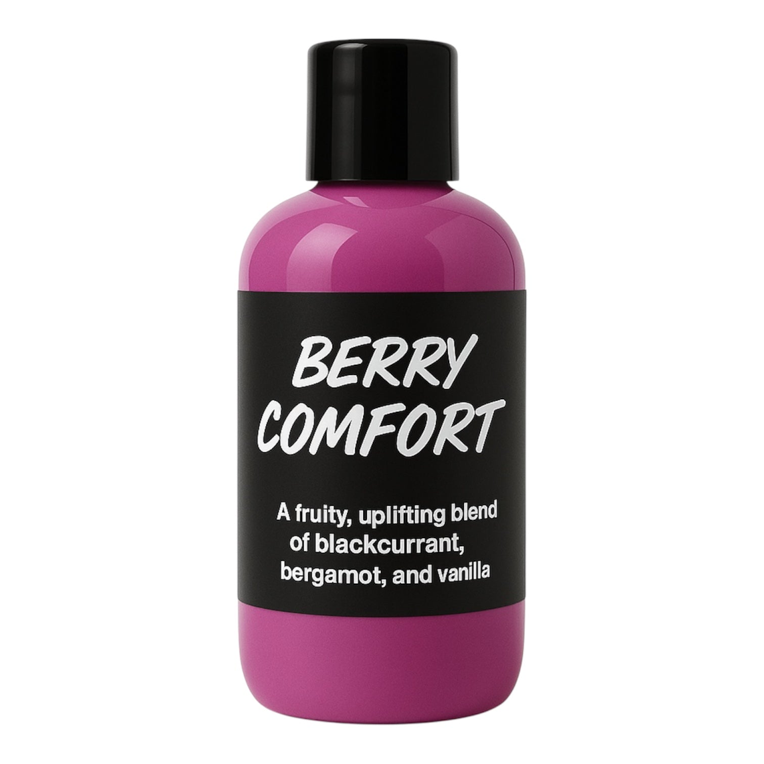 Pink bottle labeled 'Berry Comfort' with black cap on a white background