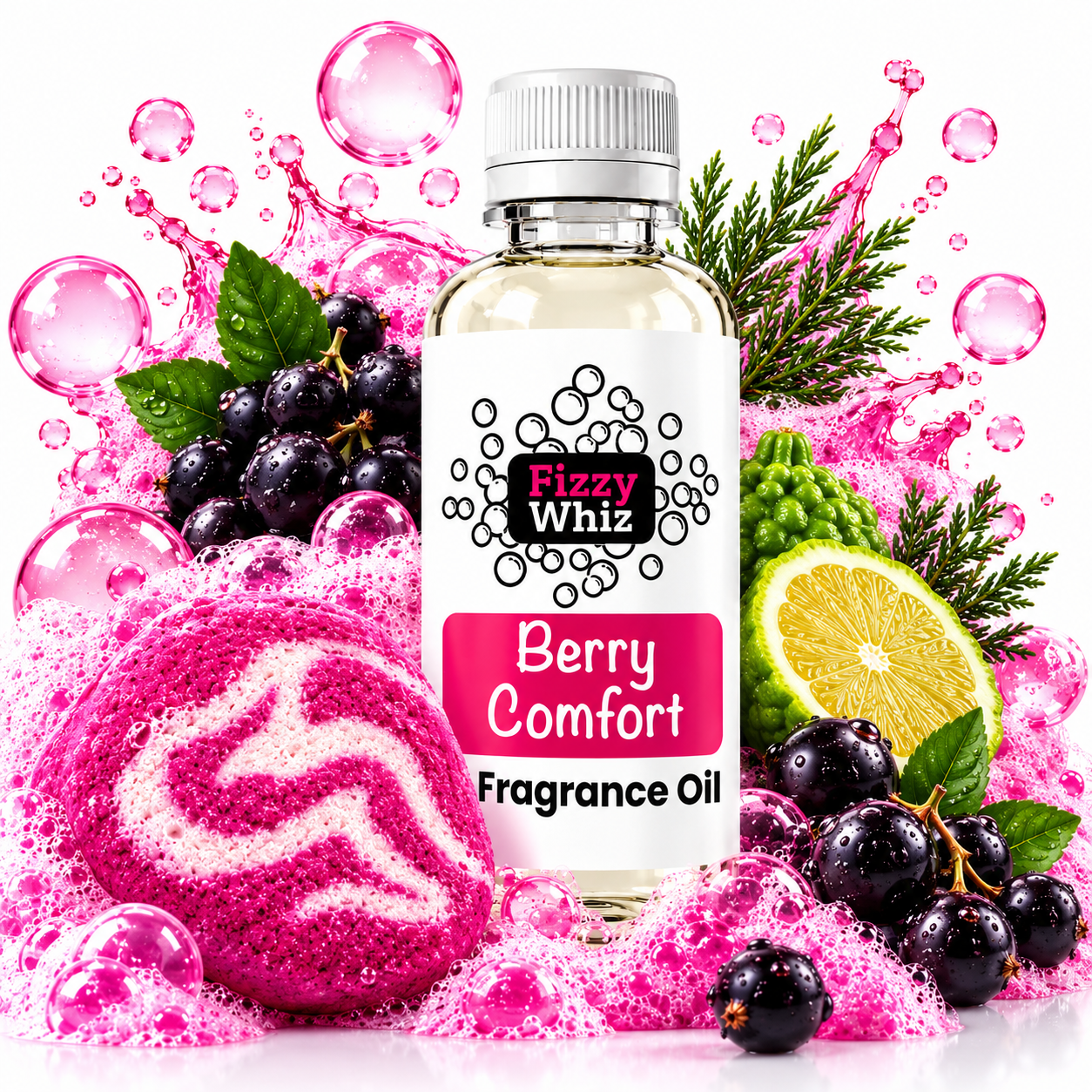 A bottle of Fizzy Whiz Berry Comfort Fragrance Oil centered on a white background, surrounded by pink foam, berries, green leaves, a lime slice, and a pink bath bomb, with pink liquid splashes and bubbles throughout.