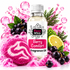 A bottle of Fizzy Whiz Berry Comfort Fragrance Oil centered on a white background, surrounded by pink foam, berries, green leaves, a lime slice, and a pink bath bomb, with pink liquid splashes and bubbles throughout.