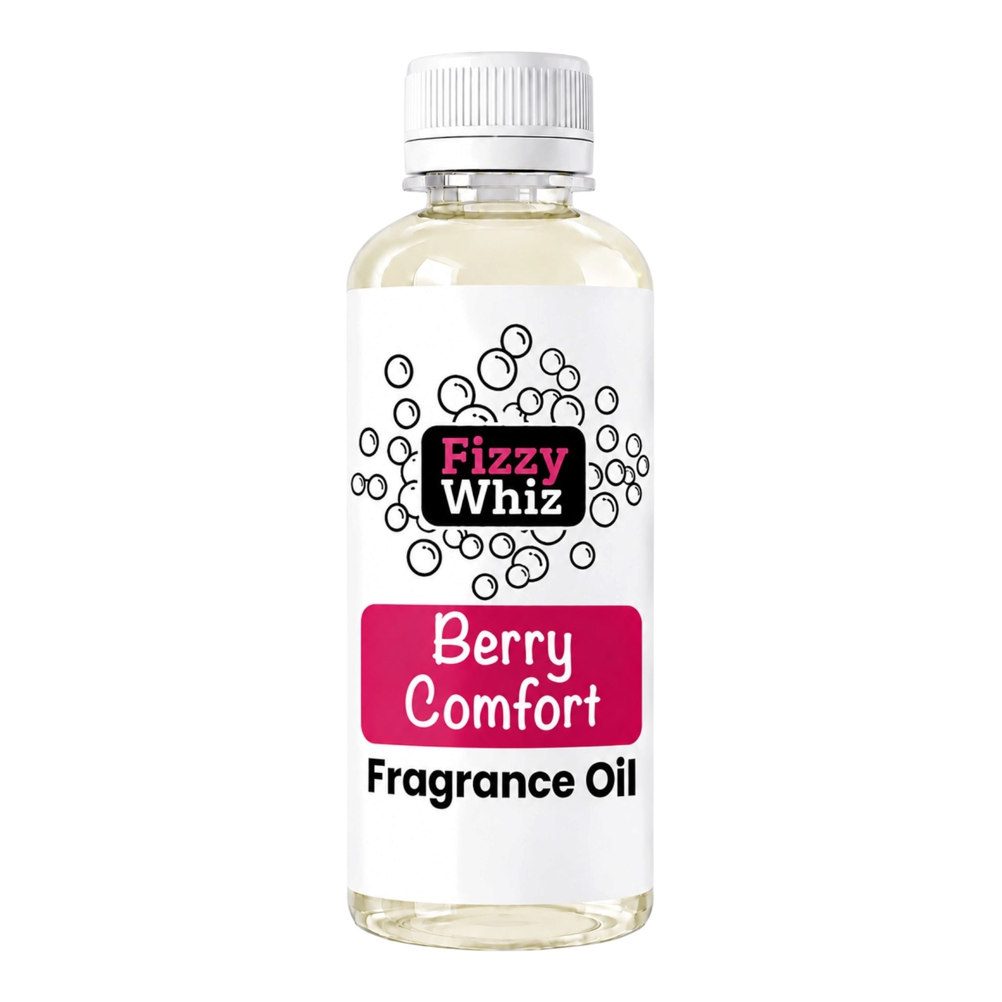 A bottle of Fizzy Whiz 'Berry Comfort' fragrance oil on a solid white background. The bottle is clear glass showing the pale yellow oil inside, topped with a white ribbed cap.