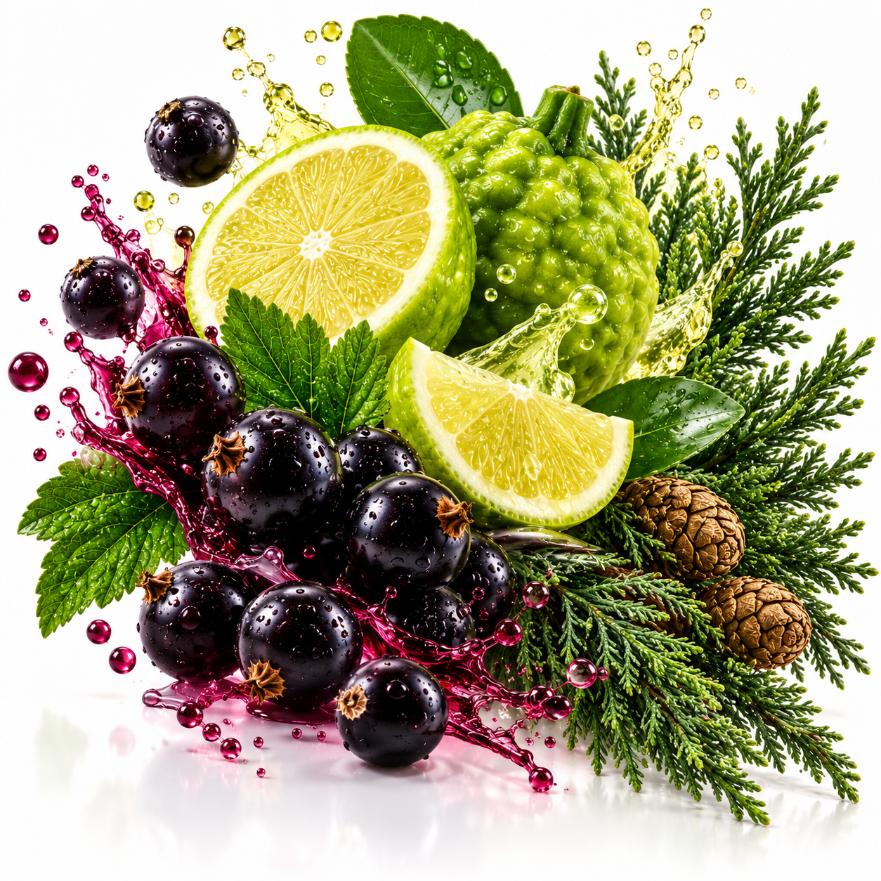 A styled fruit arrangement on a white background featuring dark purple berries, sliced lime wedges, a green custard apple, green leaves, pine branches, and pinecones with glossy liquid splashes.
