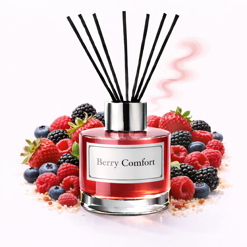 Reed diffuser labeled 'Berry Comfort' surrounded by berries on a white background