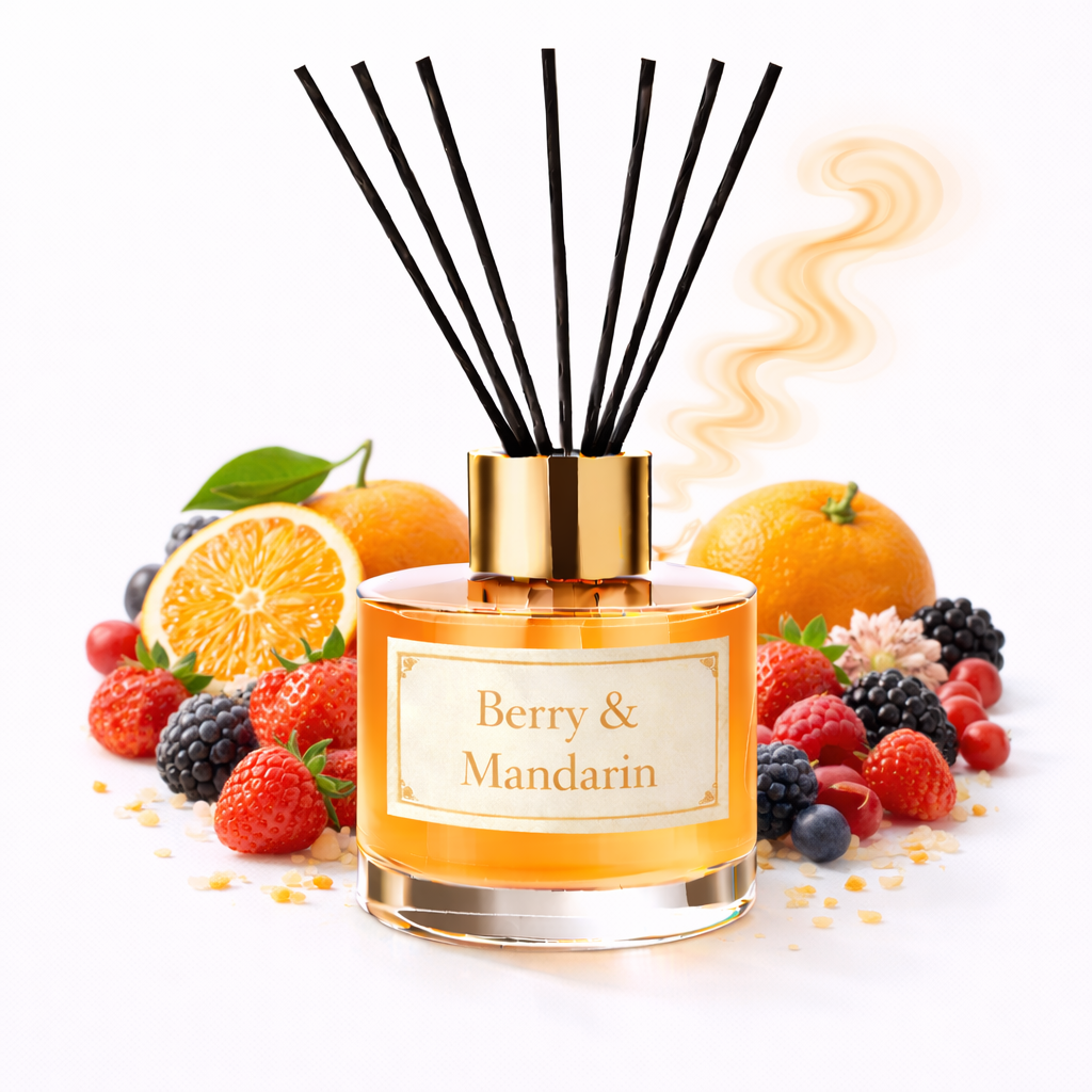 Diffuser with black sticks surrounded by fruits and berries labelled berry mandarin on a white background