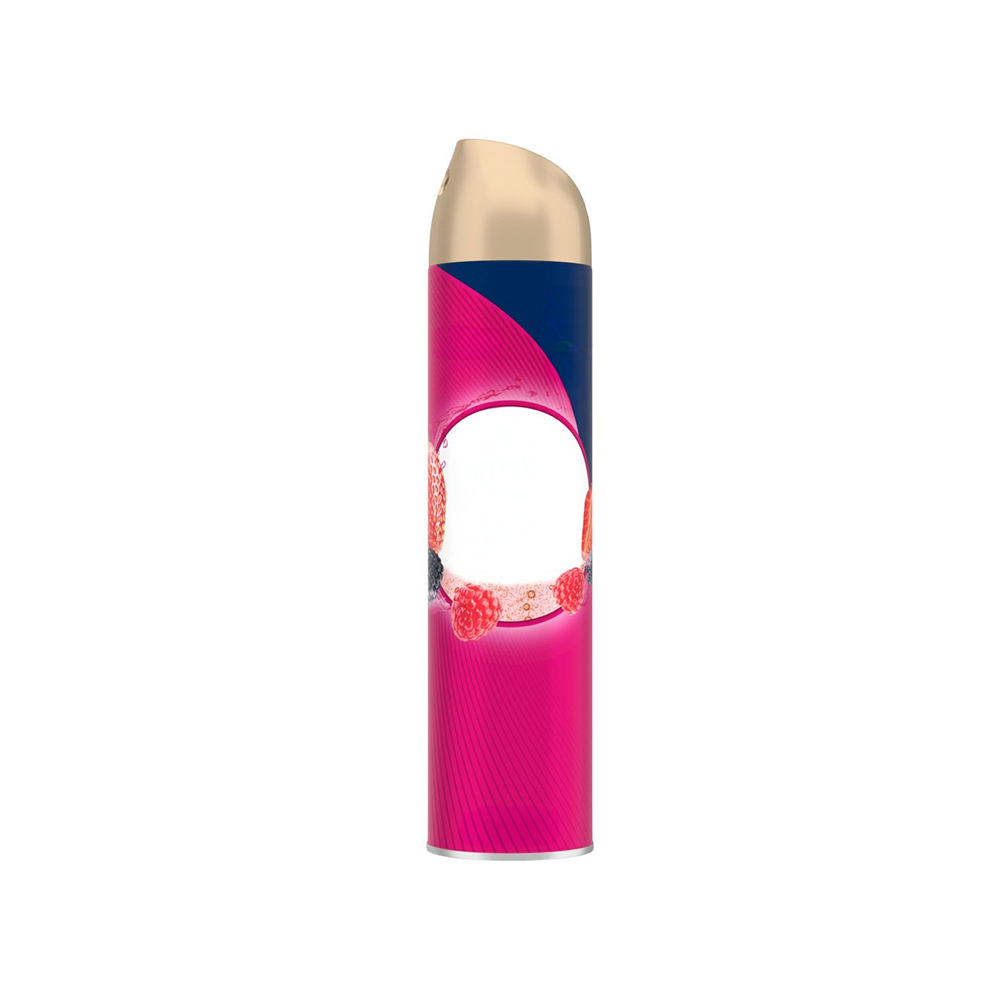 A cylindrical bottle of fragrance oil with a colorful design, predominantly pink, and a small amount of liquid visible at the bottom.