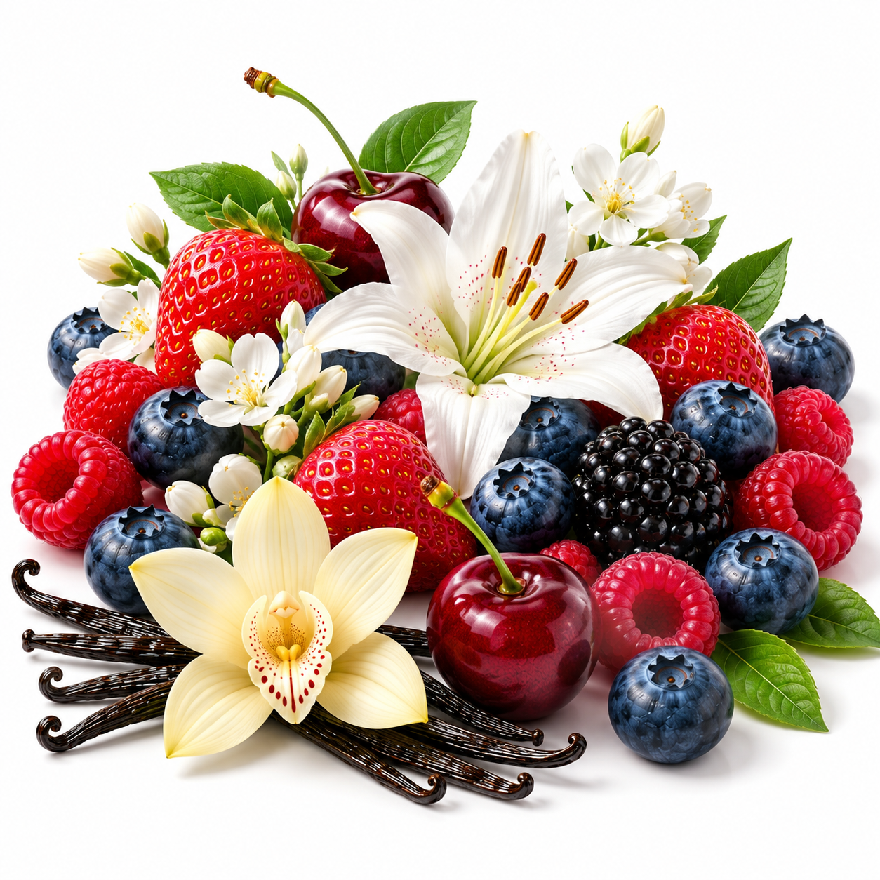 A colorful arrangement of fresh berries and flowers on a white background, including strawberries, blueberries, raspberries, blackberries, cherries, vanilla beans, white blossoms, and a large white lily.