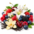 A colorful arrangement of fresh berries and flowers on a white background, including strawberries, blueberries, raspberries, blackberries, cherries, vanilla beans, white blossoms, and a large white lily.