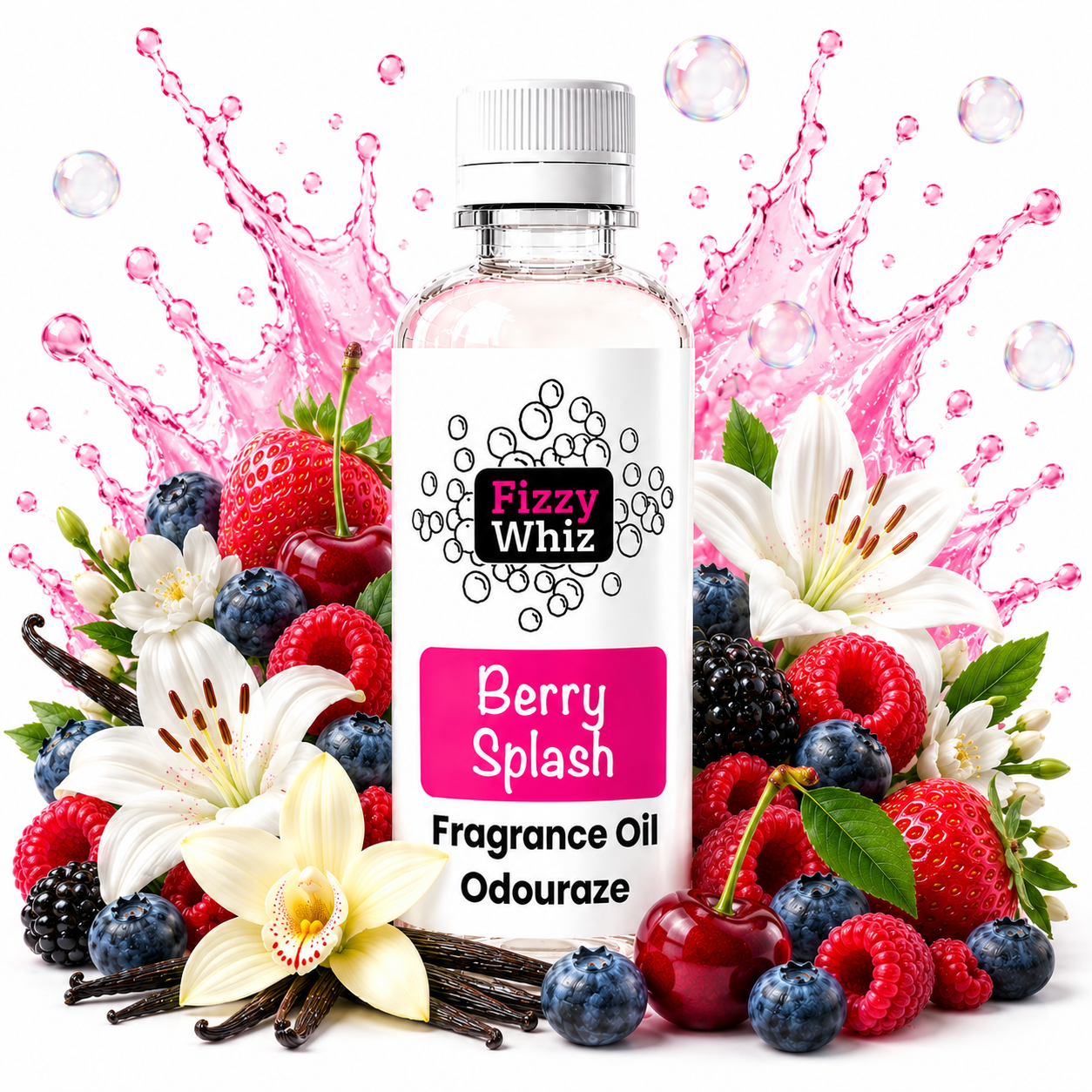 A bottle of Fizzy Whiz 'Berry Splash' fragrance oil centered against a white background, surrounded by fresh berries, flowers, and pink splash graphics to represent the scent profile.