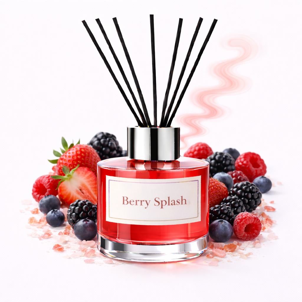 Red diffuser bottle labeled 'Berry Splash' surrounded by berries on a white background