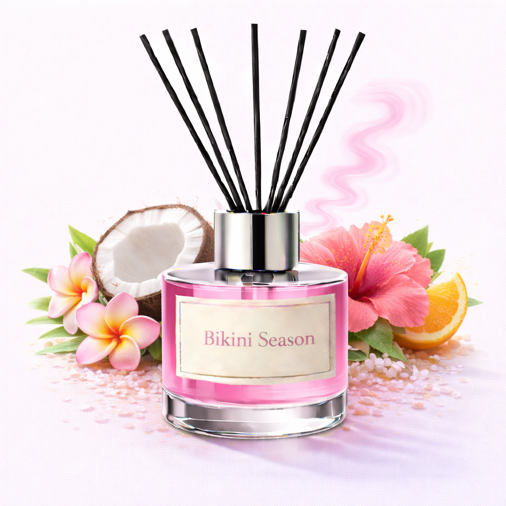 Diffuser with 'Bikini Season' label surrounded by flowers and a coconut on a light background