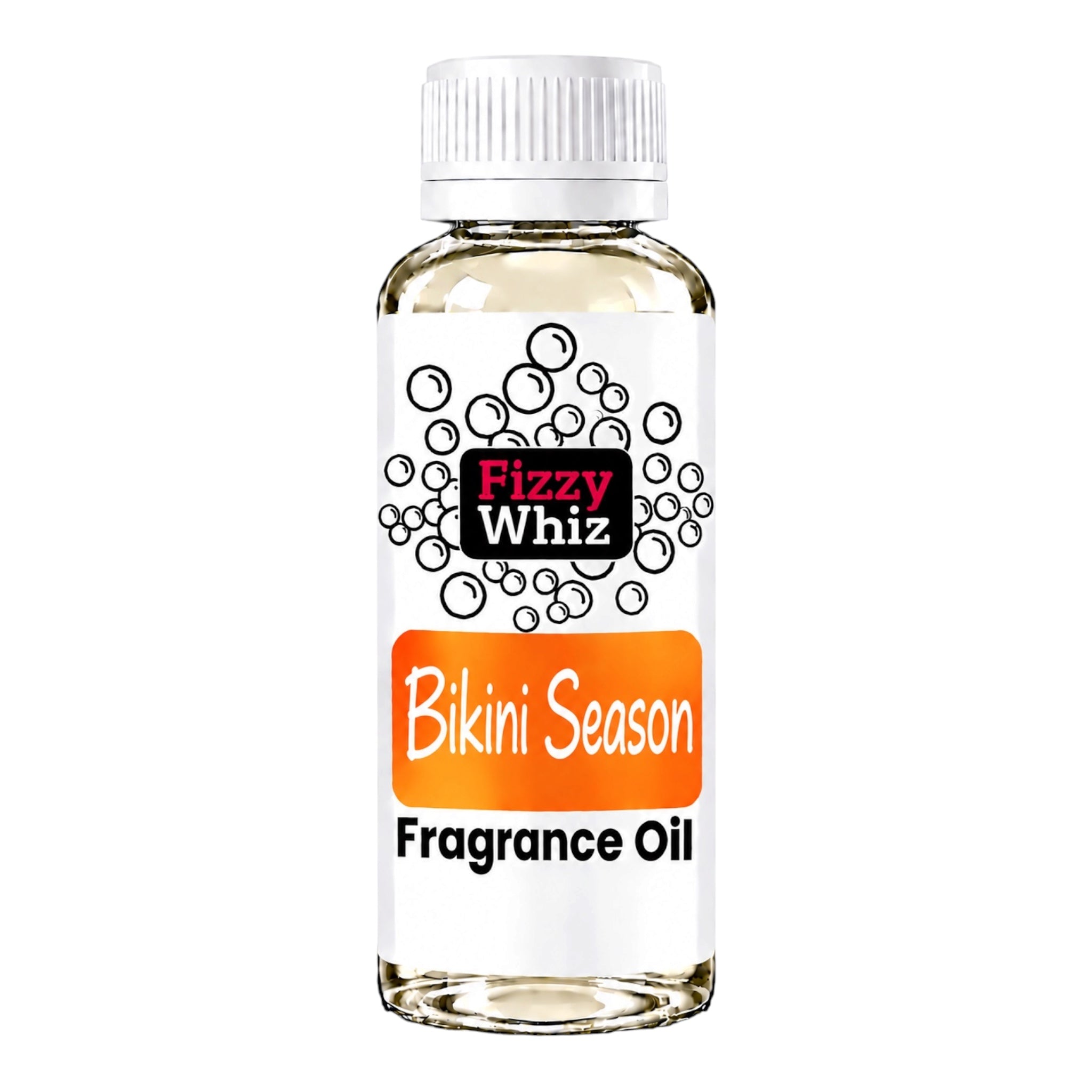 A bottle of Fizzy Whiz 'Bikini Season' fragrance oil on a solid white background. The product is in a clear glass bottle showing the pale yellow liquid inside, topped with a white ribbed cap and featuring a white label with black and orange graphics.