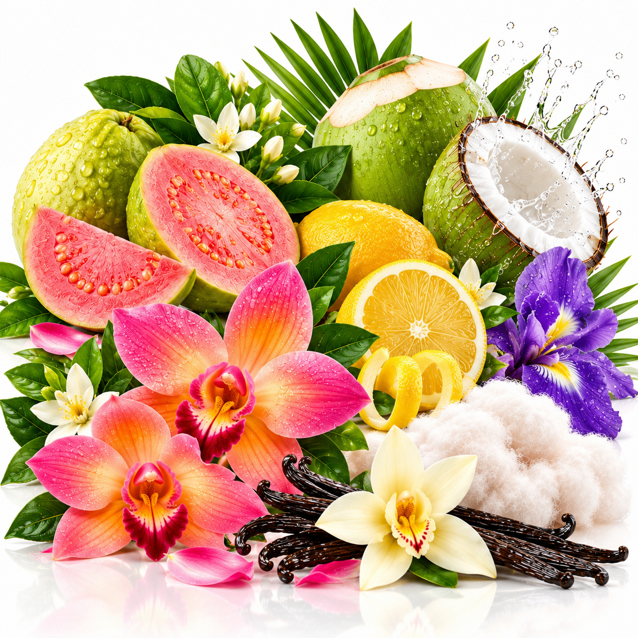 A vibrant tropical fruit and flower arrangement on a white background, featuring sliced guava, whole and halved coconuts, oranges, vanilla beans, fluffy white cotton, and pink, purple, and white flowers with green leaves.