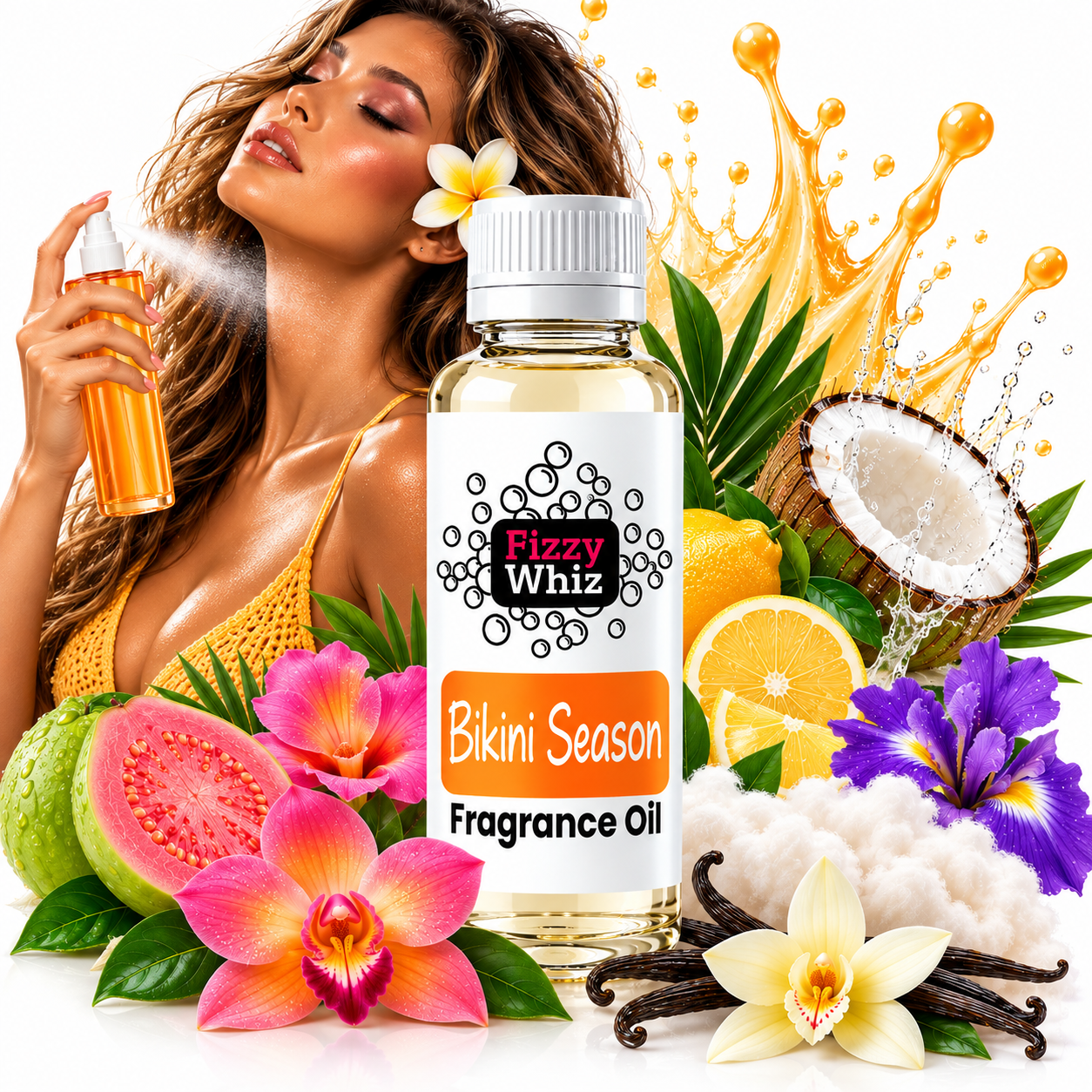 A bottle of Fizzy Whiz 'Bikini Season' fragrance oil is centered, surrounded by tropical fruits, flowers, vanilla beans, and a woman holding a spray bottle against a white background with orange liquid splashes.