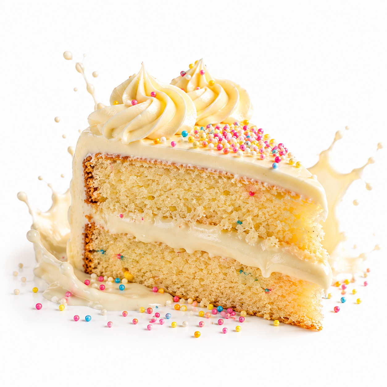 A slice of layered vanilla cake with creamy frosting and colorful sprinkles, shown with frosting splashes on a white background.