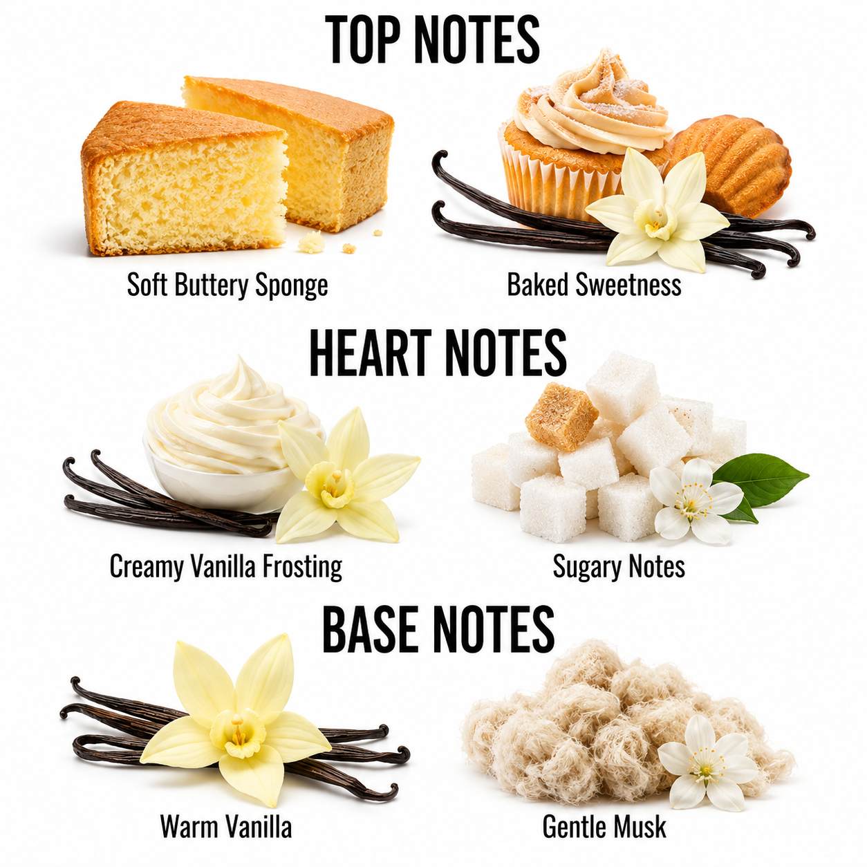 A fragrance notes graphic on a white background with the headings TOP NOTES, HEART NOTES, and BASE NOTES. The top notes section shows a soft buttyer sponge cake, baked sweetness with cupcakes and vanilla, creamy vanilla frosting with vanilla, and sugar cubes.