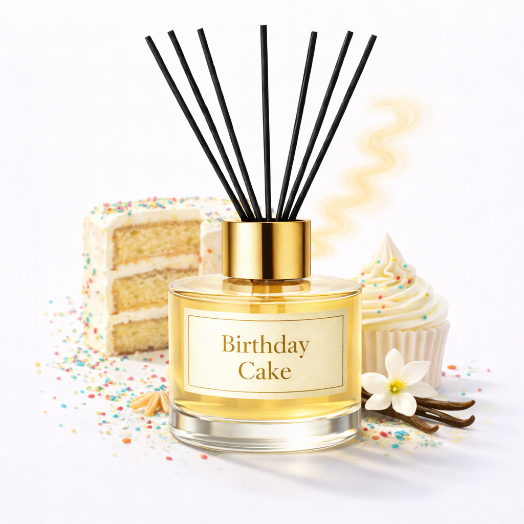 Reed diffuser labeled 'Birthday Cake' with a cake and cupcake in the background