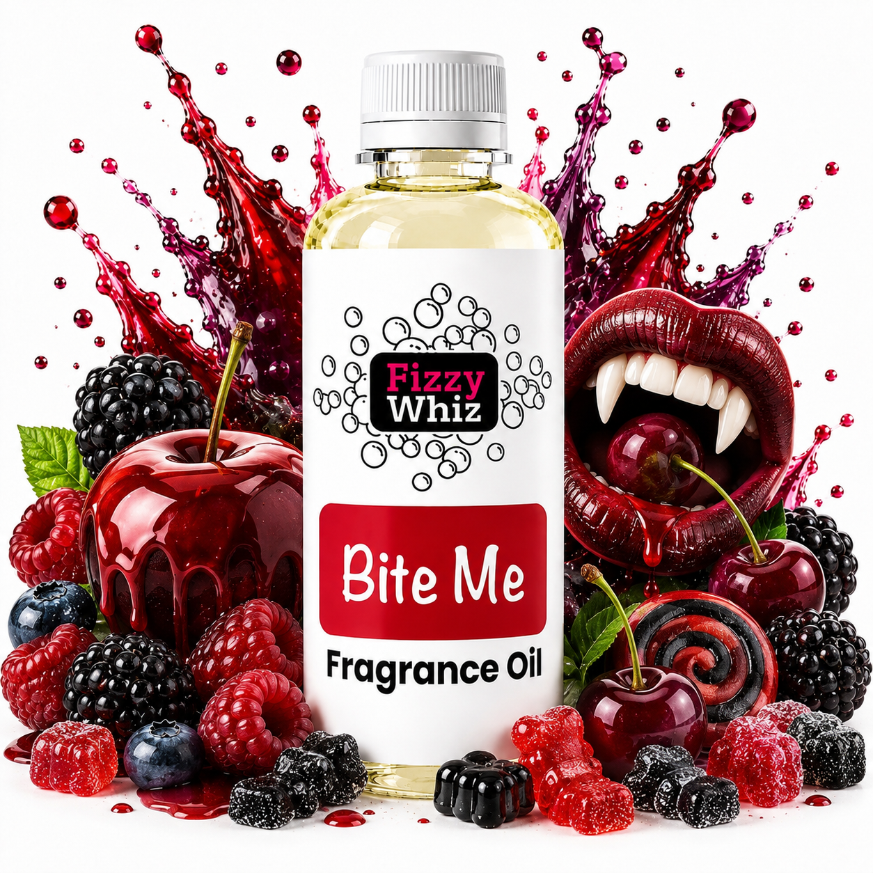 A bottle of Fizzy Whiz Bite Me Fragrance Oil centered against a white background, surrounded by glossy red and purple fruit, berries, a vampire mouth graphic, and red liquid splashes. The bottle label reads 'Fizzy Whiz' and 'Bite Me Fragrance Oil.